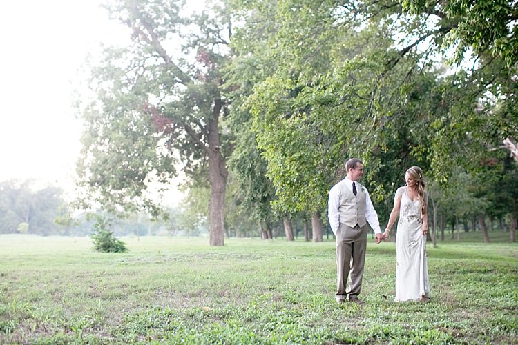 Bride Beaded Jenny Packham Bridal Gown Loose Curls Groom Khaki Pants Vest Trees Gold & Peach Riverside Garden Wedding http://kellyhornberger.com/ 