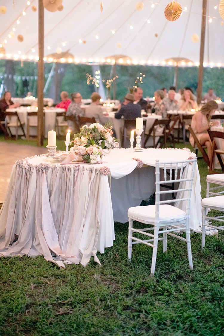 Reception Marquee Bride Groom Table Ribbon Decoration Blush Grey Cream Floral Bouquet Candlesticks Guests Hanging Décor Lanterns Fairy Lights Gold & Peach Riverside Garden Wedding http://kellyhornberger.com/