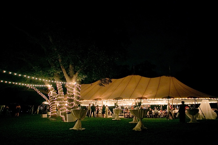 Reception Marquee White Tables Trees Hanging Fairy Lights Gold & Peach Riverside Garden Wedding http://kellyhornberger.com/ 