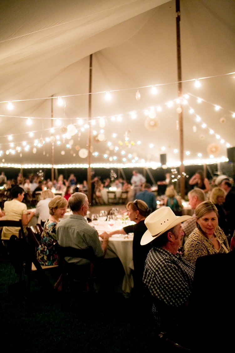 Reception Marquee Guests Hanging Fairy Lights Gold & Peach Riverside Garden Wedding http://kellyhornberger.com/