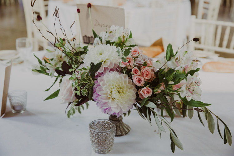 Organic Natural Whimsical Flowers Centrepiece Dahlia Rose Foliage Romantic Stylish Relaxed Sea Wedding http://www.oxiphotography.co.uk/