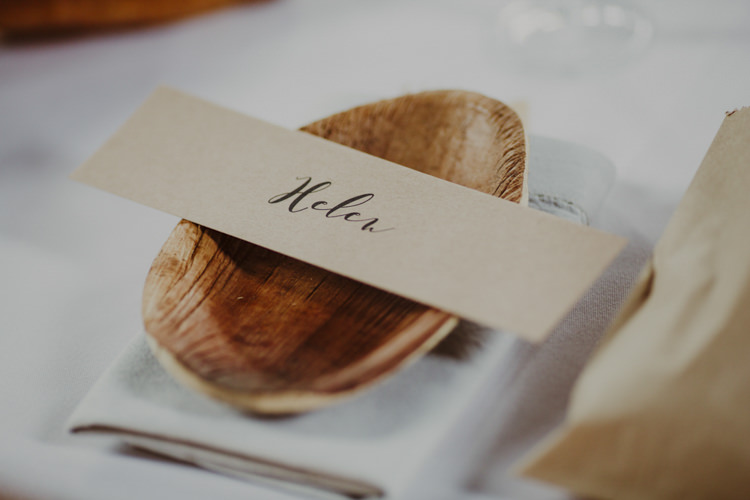 Calligraphy Card Brown Kraft Paper Place Names Setting Wooden Bowl Romantic Stylish Relaxed Sea Wedding http://www.oxiphotography.co.uk/