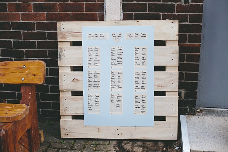 Pallet Seating Plan Table Chart Home Made Vintage Pale Blue Wedding http://www.elliegracephotography.co.uk/