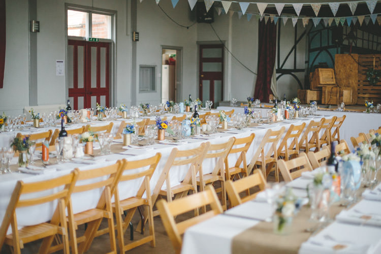 Long Tables Hall Flowers Home Made Vintage Pale Blue Wedding http://www.elliegracephotography.co.uk/