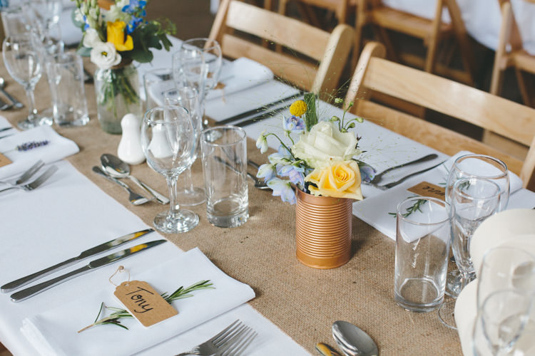Tin Can Flowers Hessian Table Cloth Home Made Vintage Pale Blue Wedding http://www.elliegracephotography.co.uk/