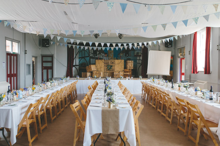 Village Hall Bunting Tables Home Made Vintage Pale Blue Wedding http://www.elliegracephotography.co.uk/