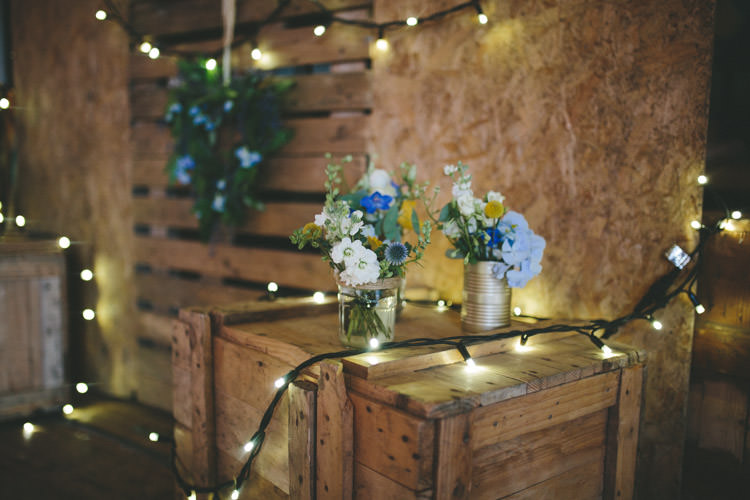 Jar Tin Flowers Fairy Lights Crates Home Made Vintage Pale Blue Wedding http://www.elliegracephotography.co.uk/