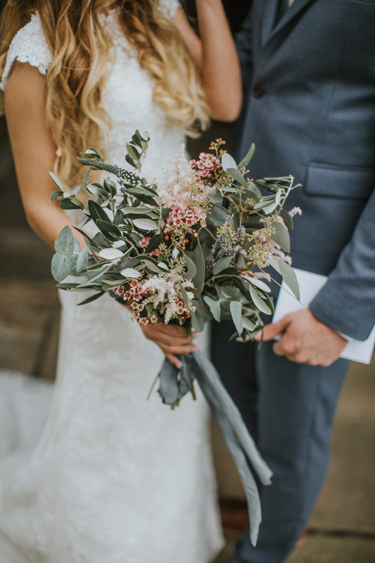 pink waxflower astilbe seeded eucalyptus olive flowers bouquet bride bridal Creative DIY Rustic Lavender Wedding http://www.nataliepluck.com/