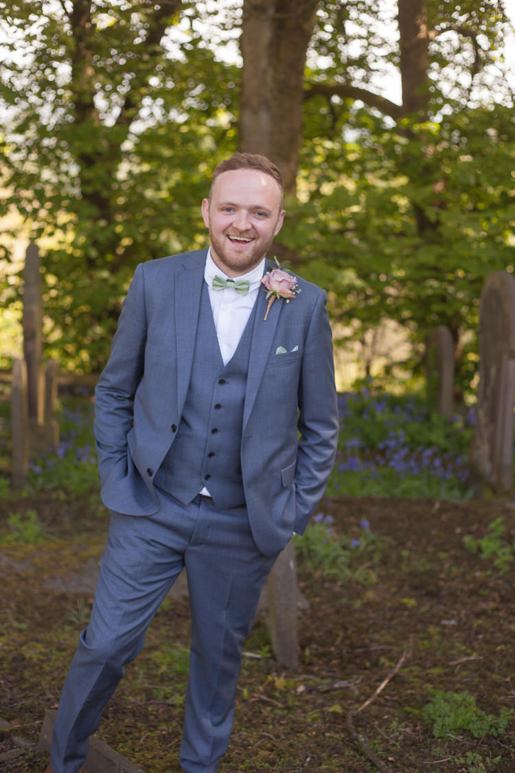 Blue Suit Green Bow Tie Groom Pastel Marquee Garden Party Wedding https://www.deliciousphotography.co.uk/