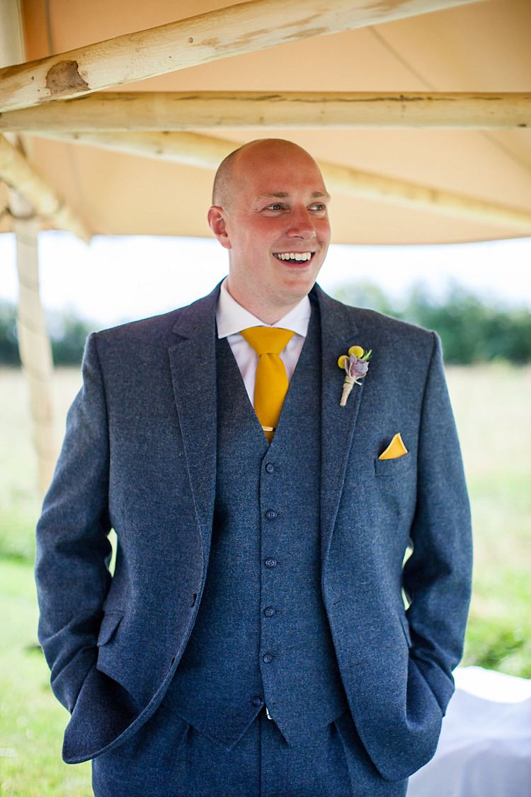 Blue Wool Tweed Suit Groom Pretty Outdoorsy Yellow Tipi Wedding http://www.binkynixon.com/