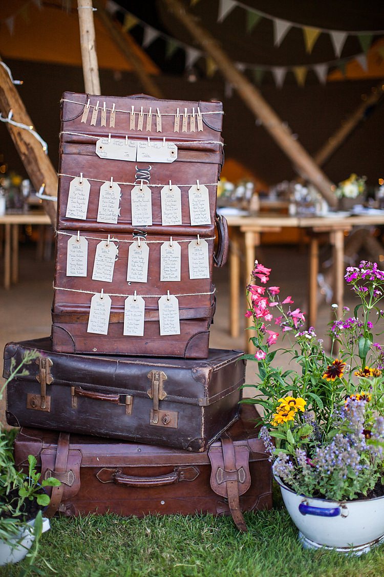 Suitcase Luggage Tag Seating Table Plan Chart Pretty Outdoorsy Yellow Tipi Wedding http://www.binkynixon.com/