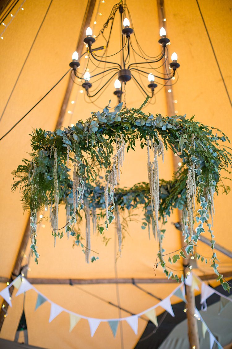 Foliage Greenery Ring Chandelier Hanging Decor Pretty Outdoorsy Yellow Tipi Wedding http://www.binkynixon.com/