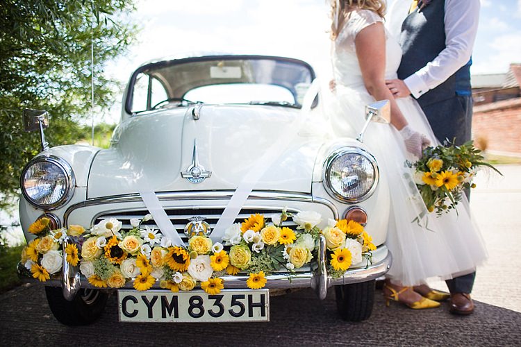 Morris Minor Car Transport Flowers Pretty Outdoorsy Yellow Tipi Wedding http://www.binkynixon.com/