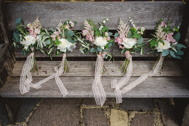 Pink Bridesmaid Bouquets Lace Ribbon Magical Fun Outdoor Barn Wedding http://www.sophieduckworthphotography.com/