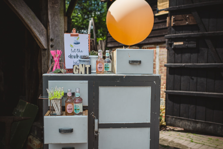 Furniture Drink Station Bar Gin Magical Fun Outdoor Barn Wedding http://www.sophieduckworthphotography.com/