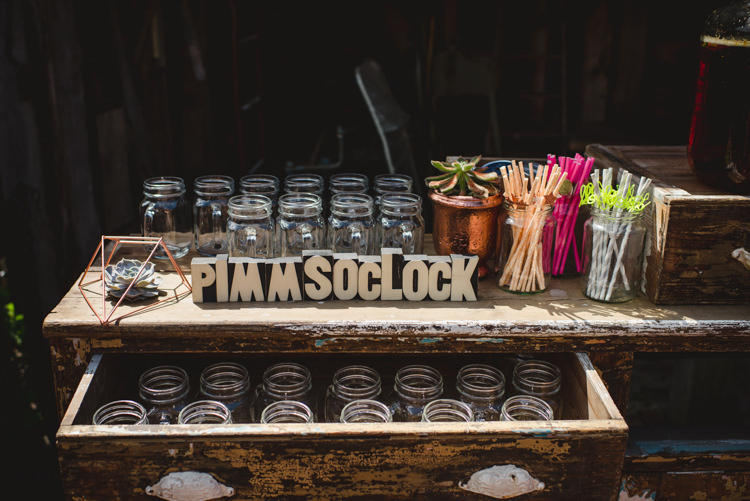 Pimm Drinks Station Bar Stand Magical Fun Outdoor Barn Wedding http://www.sophieduckworthphotography.com/