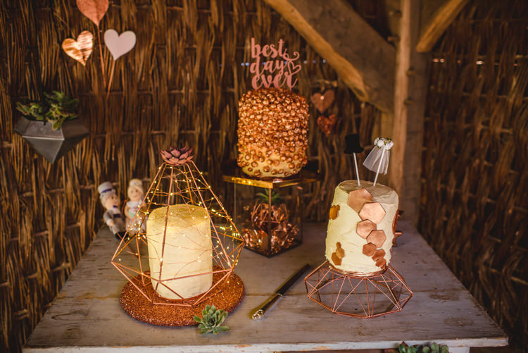 Cake Table Rose Gold Magical Fun Outdoor Barn Wedding http://www.sophieduckworthphotography.com/