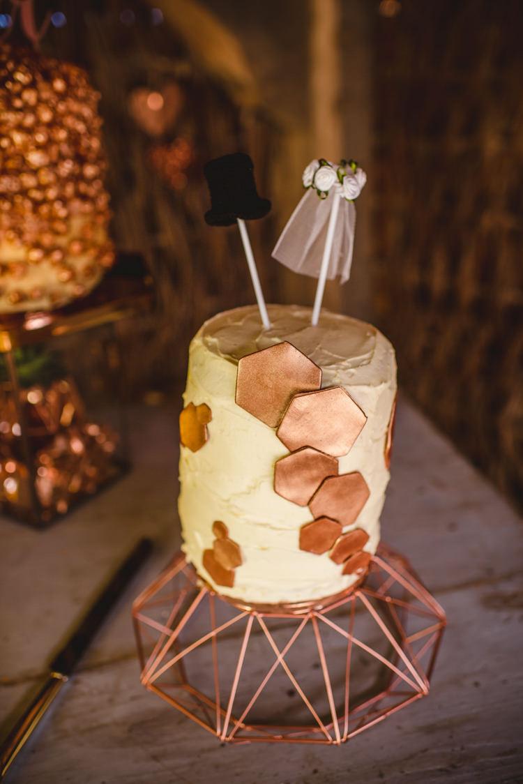 Geometric Rose Gold Cake Magical Fun Outdoor Barn Wedding http://www.sophieduckworthphotography.com/