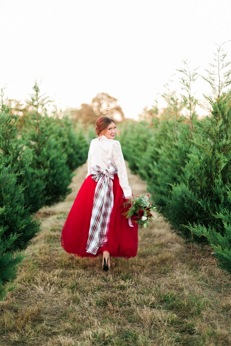 Red Skirt Tartan Bow Bride Bridal Outfit Christmas Tree Farm Wedding Ideas http://loriblythe.com/ 