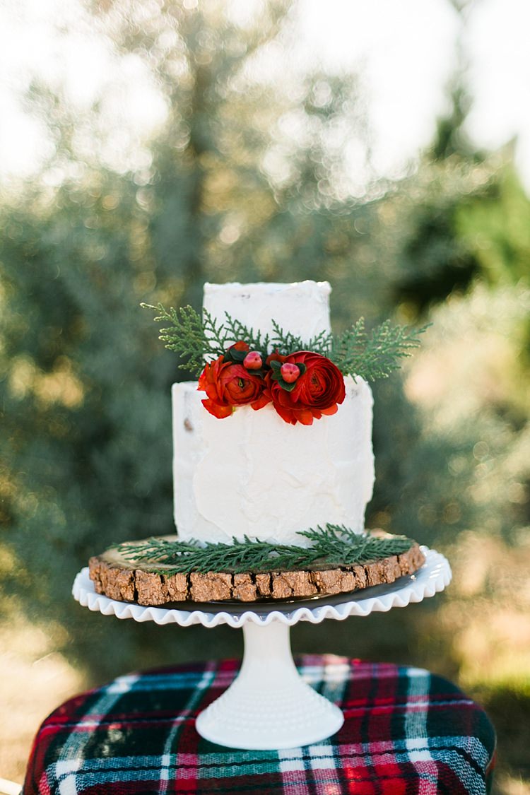Buttercream Rustic Cake Flowers Log Stand Red Green White Christmas Tree Farm Wedding Ideas http://loriblythe.com/