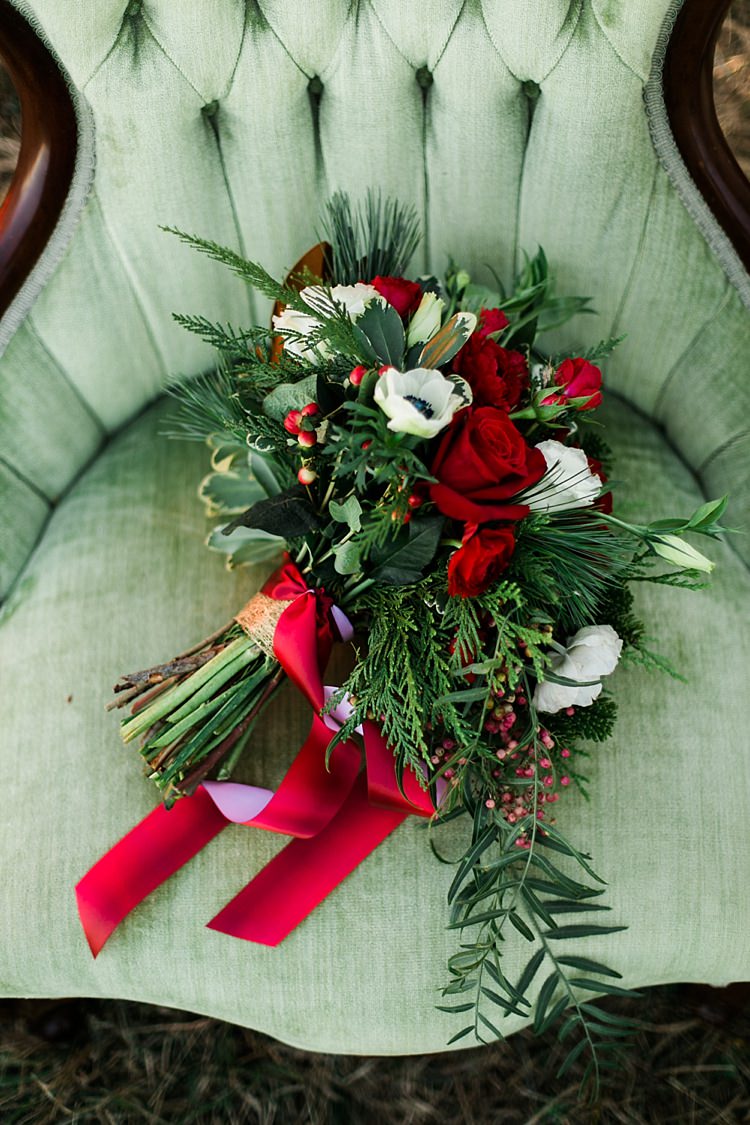 Bouquet Foliage Red Rose Berries Flowers Bride Bridal Christmas Tree Farm Wedding Ideas http://loriblythe.com/