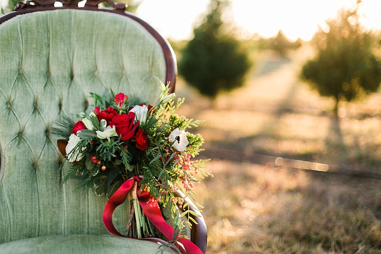 Foliage Red Rose Berries Flowers Bouquet Ribbon Christmas Tree Farm Wedding Ideas http://loriblythe.com/