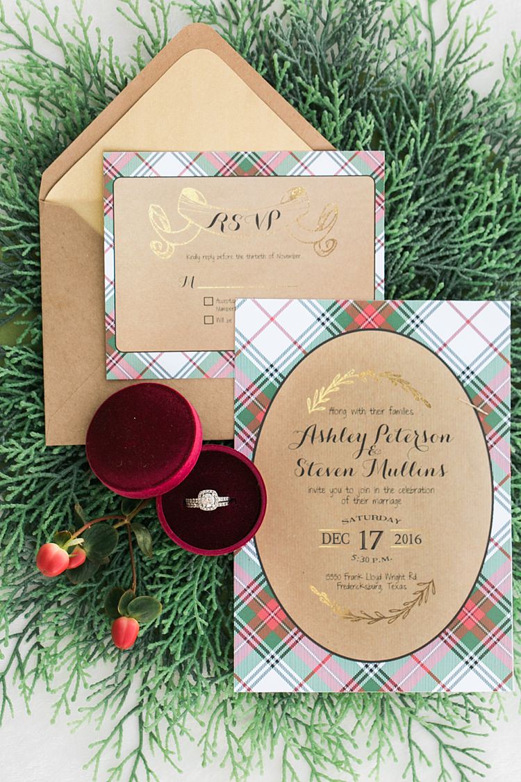 Tartan Gold Red Green Calligraphy Stationery Invitations Christmas Tree Farm Wedding Ideas http://loriblythe.com/