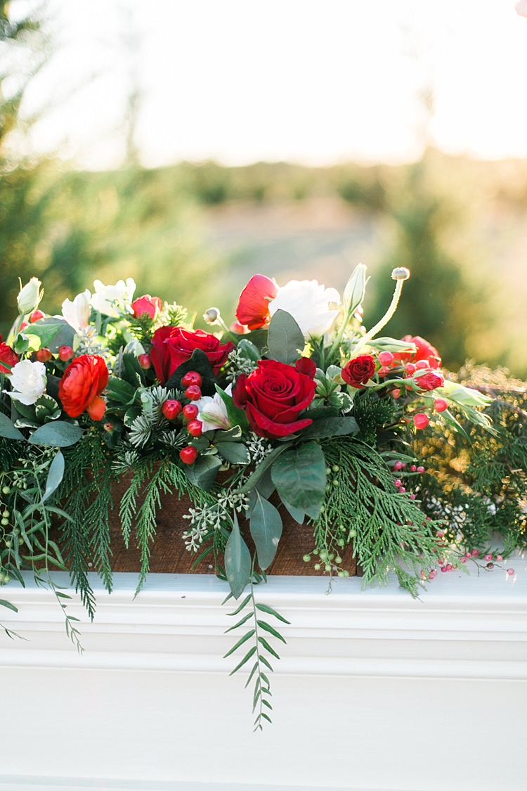 Foliage Red Rose Berries Flowers Wooden Box Christmas Tree Farm Wedding Ideas http://loriblythe.com/ 
