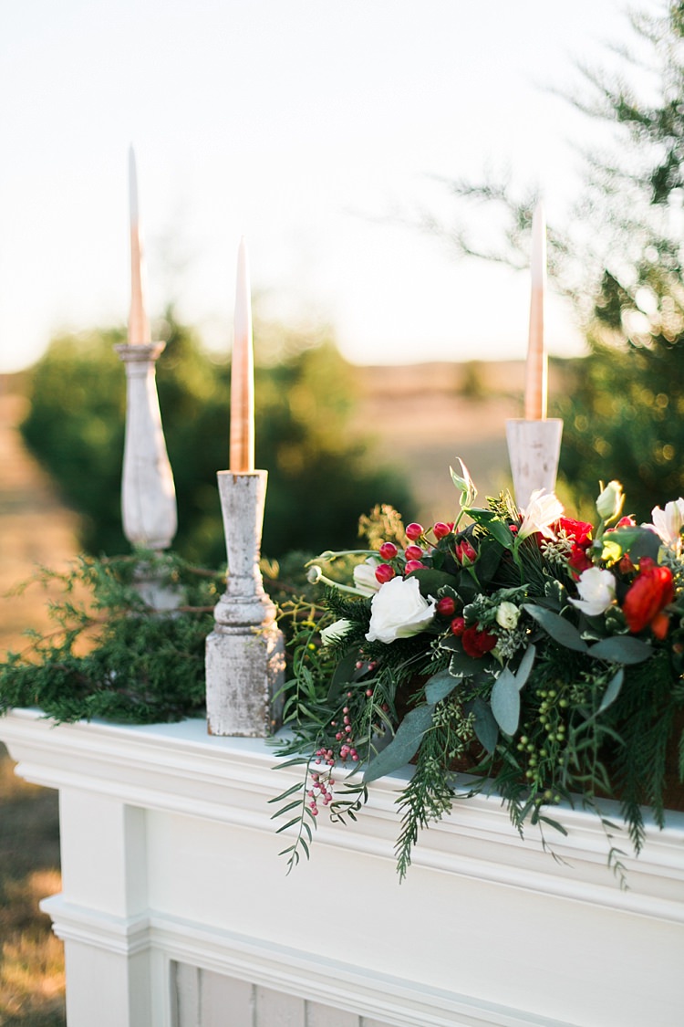 Fireplace Mantle Candles Foliage Red Rose Berries Flowers Swag Garland Christmas Tree Farm Wedding Ideas http://loriblythe.com/ 