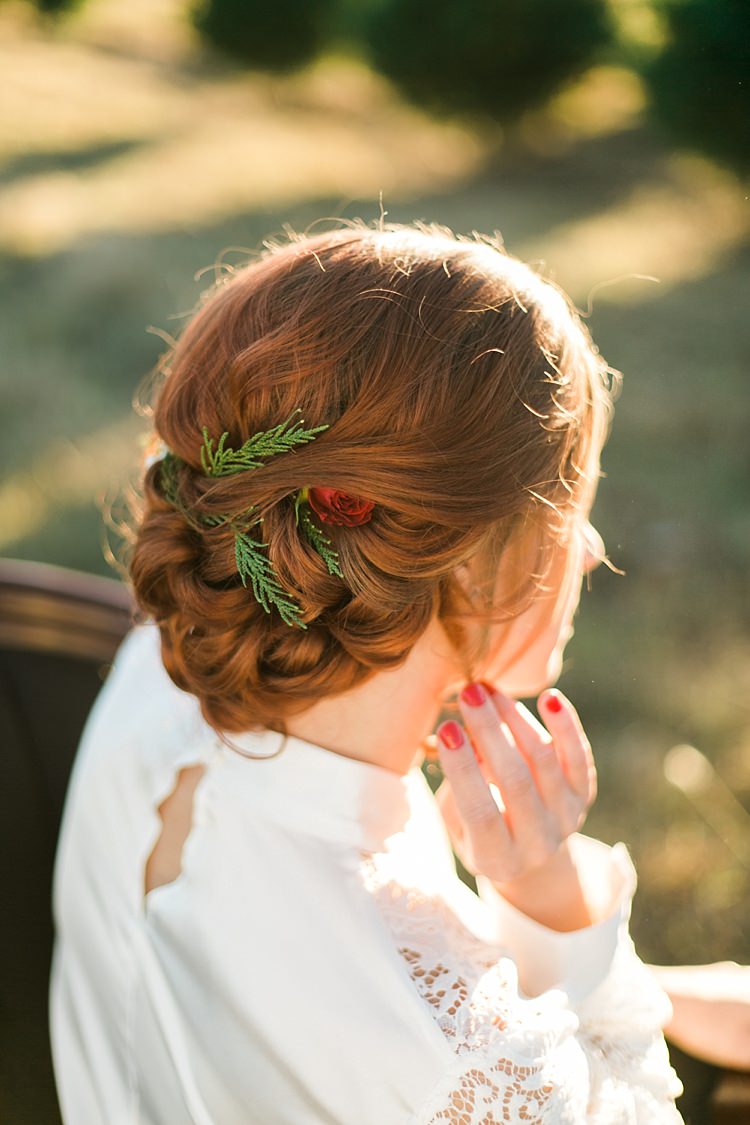 Hair Bride Bridal Style Up Do Christmas Tree Farm Wedding Ideas http://loriblythe.com/ 