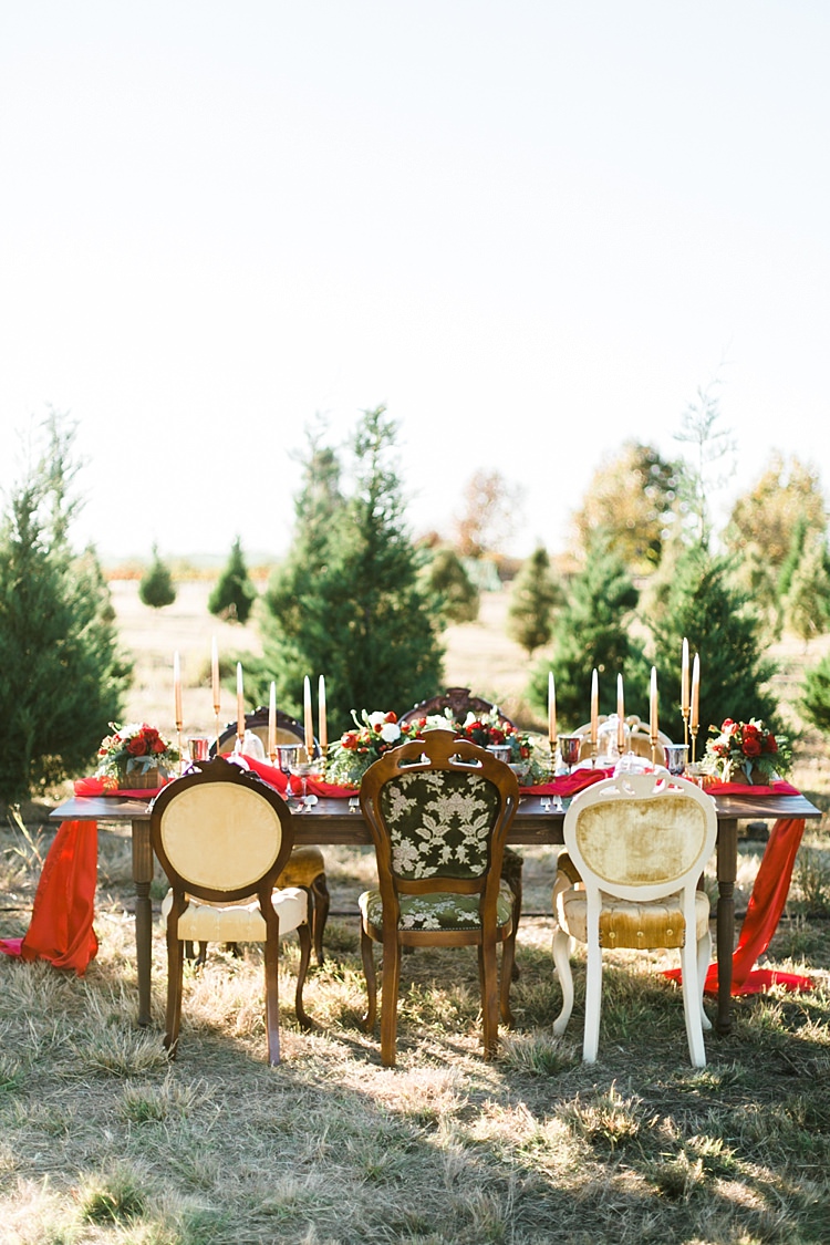 Outdoor Table Scape Decor Set Up Chairs Rustic Christmas Tree Farm Wedding Ideas http://loriblythe.com/ 