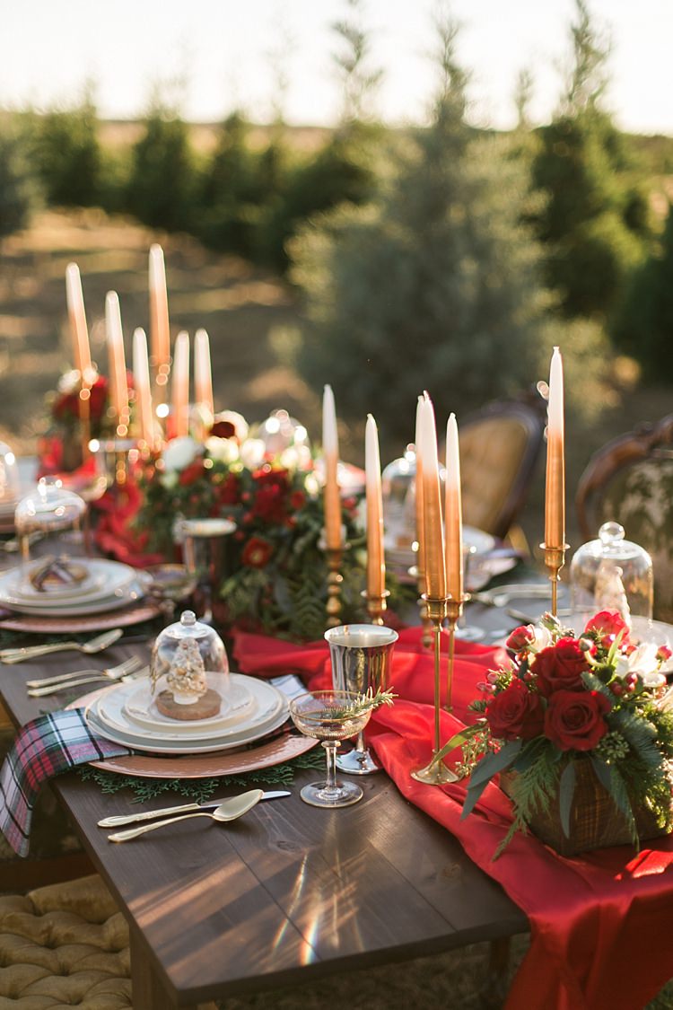 Red Table Runner Cloth Candles Decor Scape Christmas Tree Farm Wedding Ideas http://loriblythe.com/ 