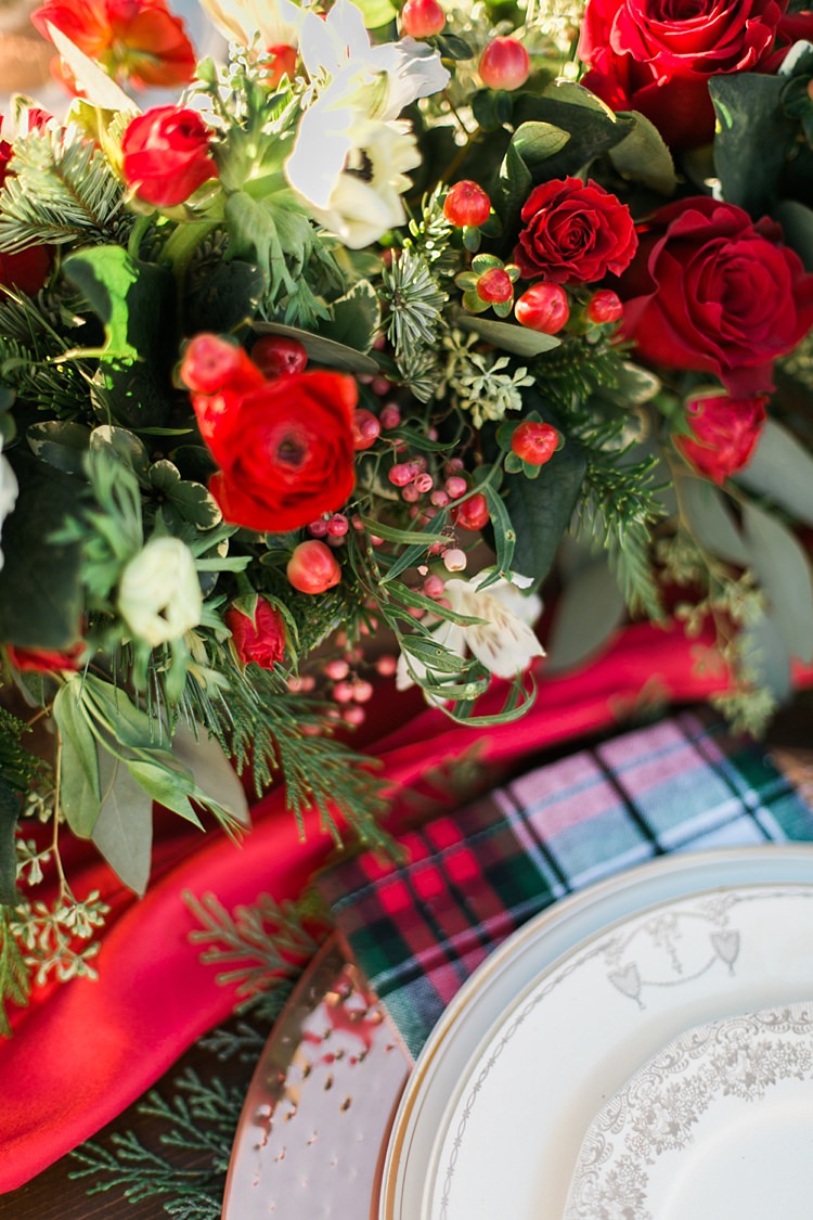 Foliage Red Rose Berries Flowers Table Decor Christmas Tree Farm Wedding Ideas http://loriblythe.com/ 