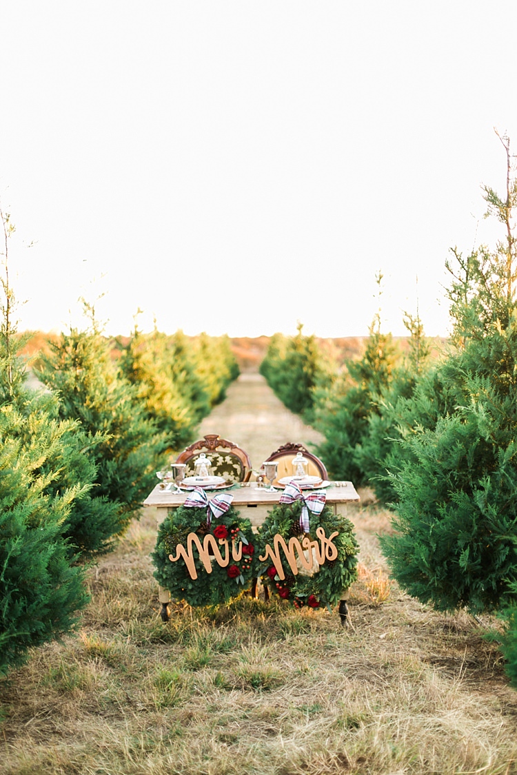 Wreaths Table Decor Mr Mrs Sign Christmas Tree Farm Wedding Ideas http://loriblythe.com/ 