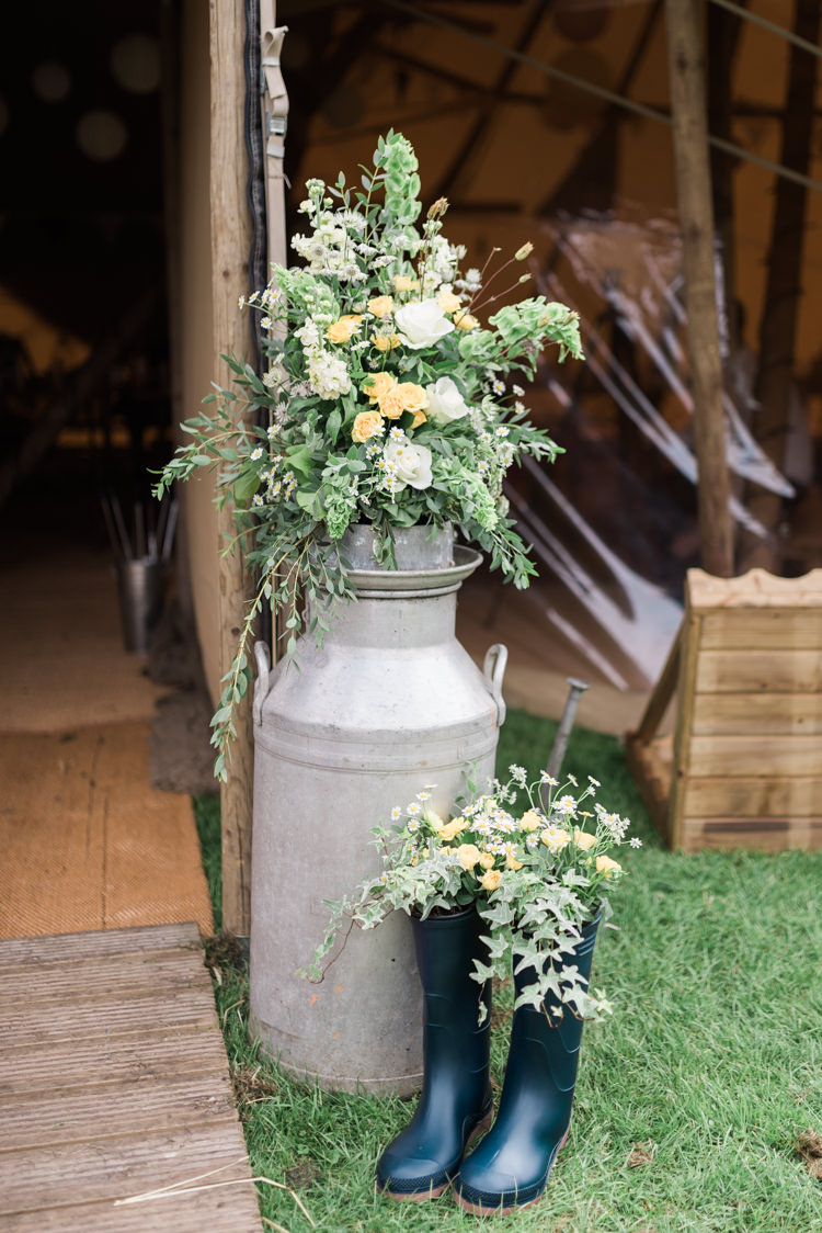 Milk Urn Jug Flowers Wellies Camping Festival Rave Tipi Wedding http://petalandblushartistry.co.uk/