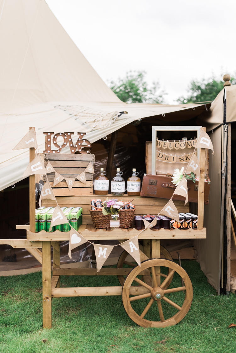 Bar Drinks Station Cart Rustic Wooden Camping Festival Rave Tipi Wedding http://petalandblushartistry.co.uk/