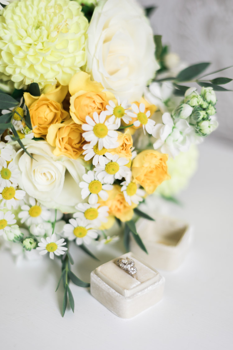 Yellow White Bouquet Rose Daisy Engagement Ring Halo Camping Festival Rave Tipi Wedding http://petalandblushartistry.co.uk/