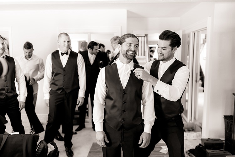 Groom White Shirt Black Vest Groomsmen Ceremony Preparation Luxe Outdoor Garden Wedding in California http://figlewiczphotography.com/