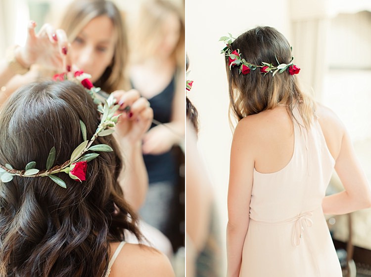 Bridesmaid Red Rose Floral Crown Cream Dress Luxe Outdoor Garden Wedding in California http://figlewiczphotography.com/