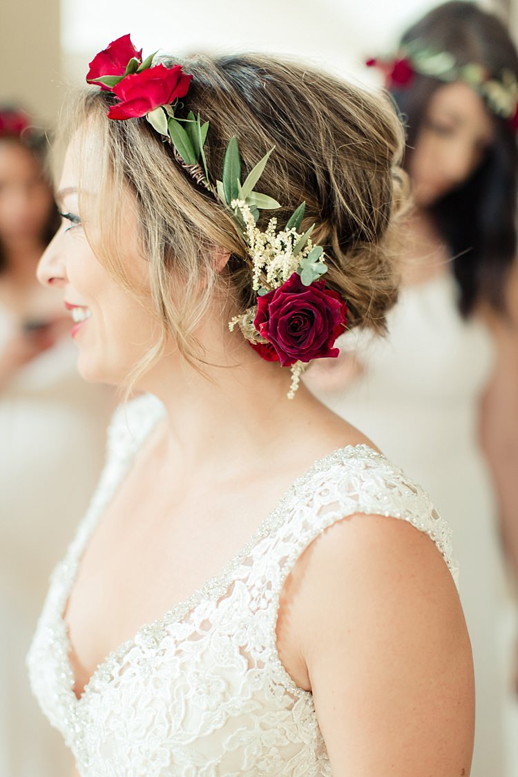 Bride Lace V Neck Bridal Gown Red Maroon Rose Floral Crown Luxe Outdoor Garden Wedding in California http://figlewiczphotography.com/