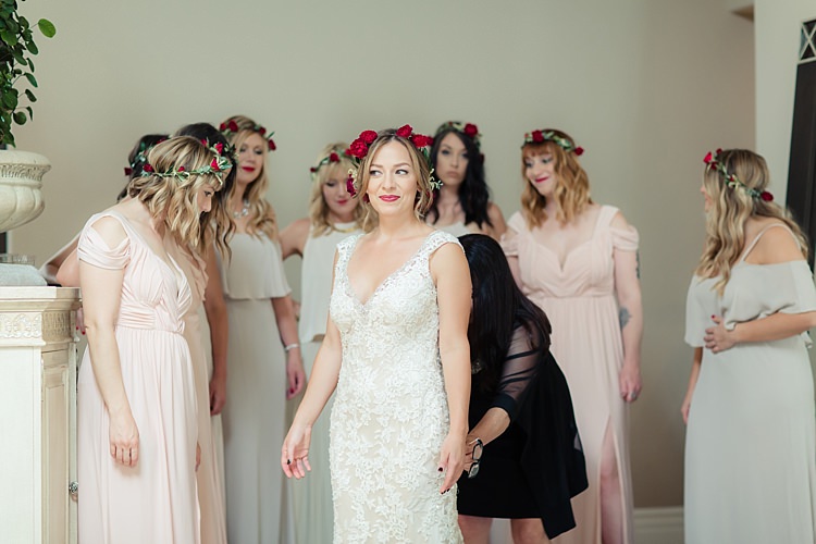 Bride Lace V Neck Bridal Gown Red Maroon Rose Floral Crown Bridesmaids Red Rose Floral Crowns Cream Dresses Luxe Outdoor Garden Wedding in California http://figlewiczphotography.com/