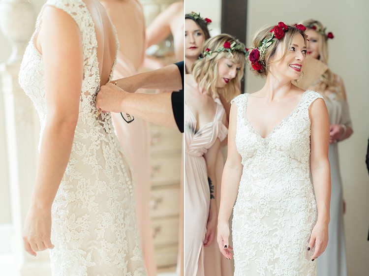 Bride Lace V Neck Bridal Gown Low Back Buttons Red Maroon Rose Floral Crown Bridesmaids Floral Crowns Cream Dresses Luxe Outdoor Garden Wedding in California http://figlewiczphotography.com/