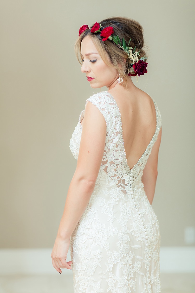 Bride Lace V Neck Low Back Buttons Bridal Gown Red Maroon Rose Floral Crown Red Lipstick Luxe Outdoor Garden Wedding in California http://figlewiczphotography.com/