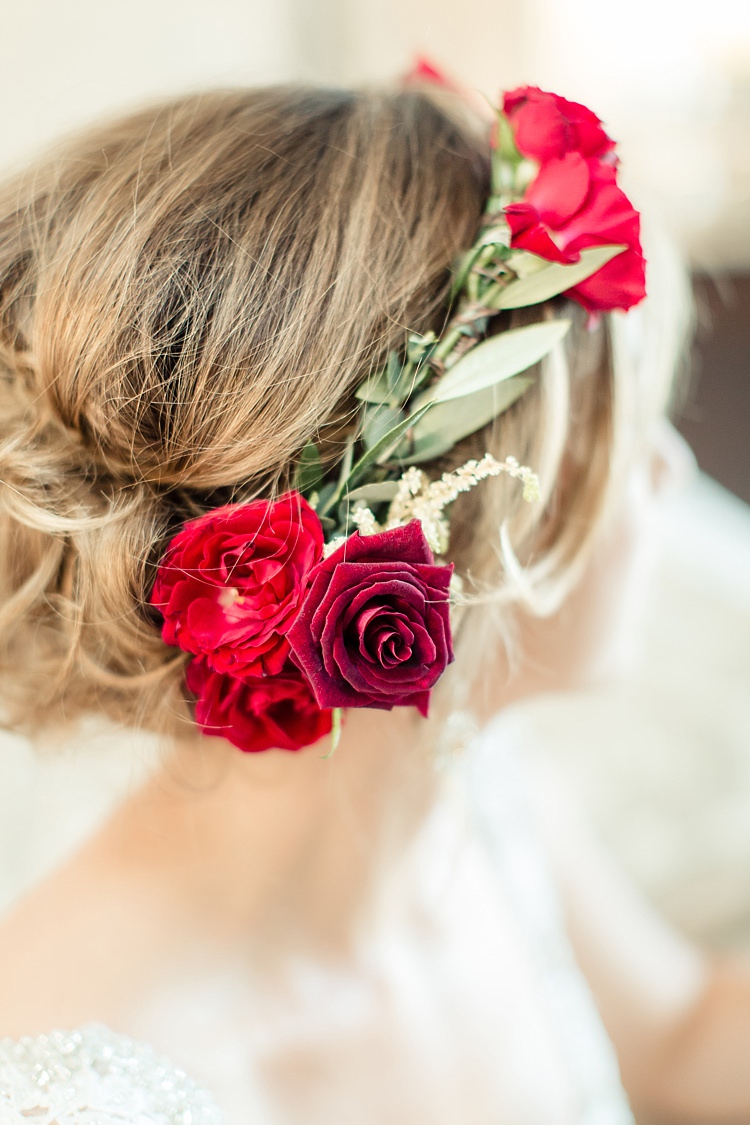 Bride Red Maroon Rose Floral Crown Lace V Neck Bridal Gown Luxe Outdoor Garden Wedding in California http://figlewiczphotography.com/