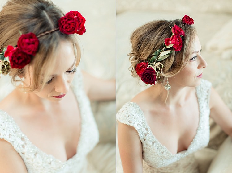 Bride Lace V Neck Bridal Gown Red Maroon Rose Floral Crown Drop Earrings Red Lipstick Luxe Outdoor Garden Wedding in California http://figlewiczphotography.com/