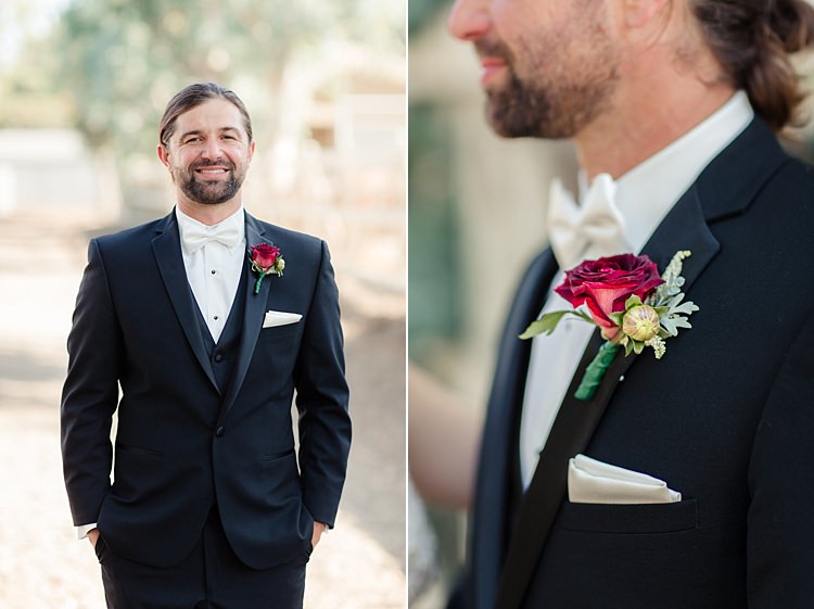 Groom Black Suit White Shirt Bowtie Red Rose Buttonhole White Pocket Square Style Luxe Outdoor Garden Wedding in California http://figlewiczphotography.com/