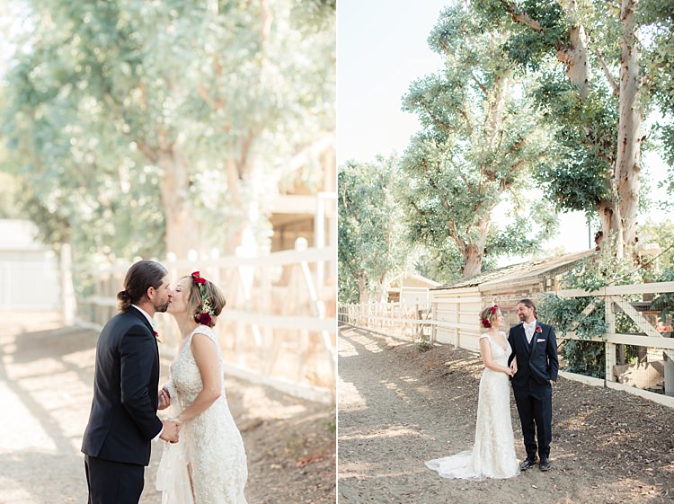 First Look Bride Lace V Neck Bridal Gown Red Maroon Rose Floral Crown Groom Black Suit White Shirt Bowtie Rose Buttonhole Luxe Outdoor Garden Wedding in California http://figlewiczphotography.com/