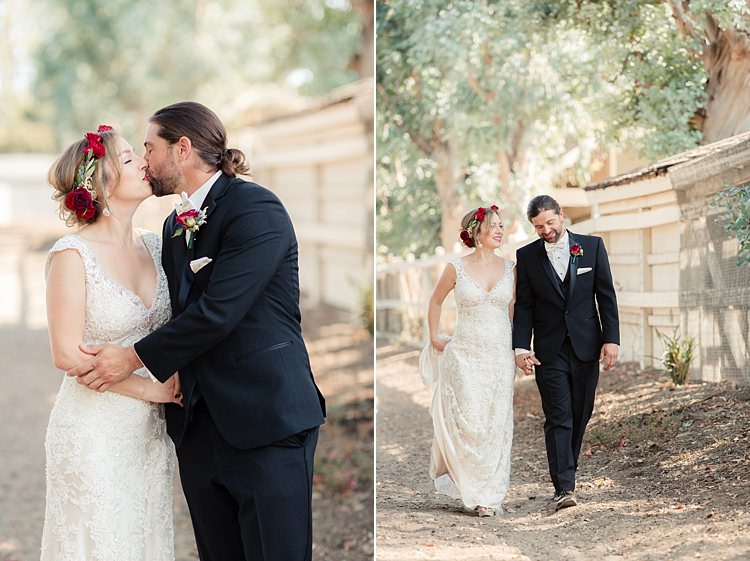 First Look Bride Lace V Neck Bridal Gown Red Maroon Rose Floral Crown Groom Black Suit White Shirt Bowtie Rose Buttonhole Luxe Outdoor Garden Wedding in California http://figlewiczphotography.com/