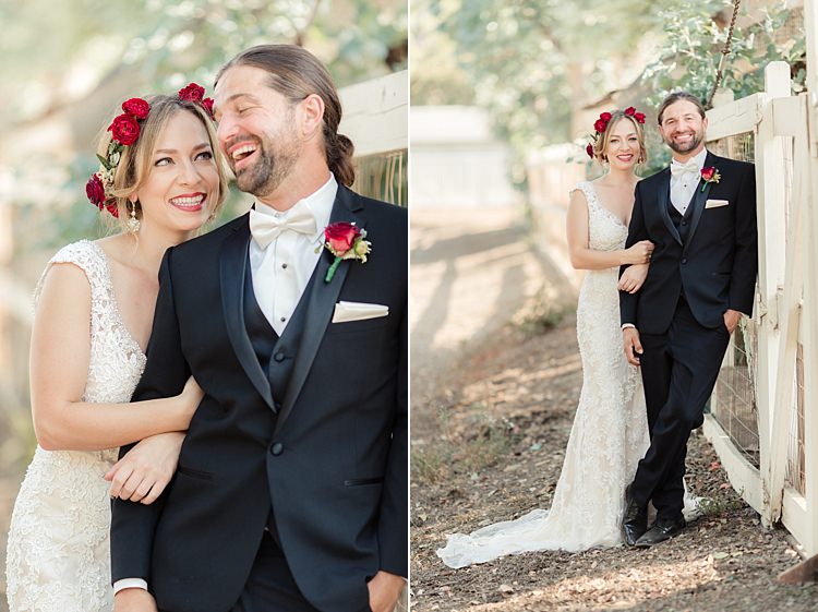First Look Bride Lace V Neck Bridal Gown Red Maroon Rose Floral Crown Groom Black Suit White Shirt Bowtie Rose Buttonhole Luxe Outdoor Garden Wedding in California http://figlewiczphotography.com/