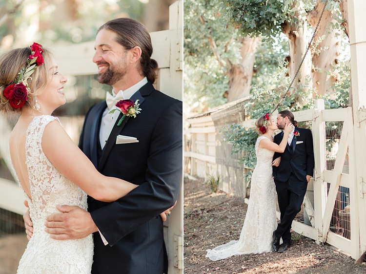 First Look Bride Lace V Neck Bridal Gown Red Maroon Rose Floral Crown Groom Black Suit White Shirt Bowtie Rose Buttonhole Luxe Outdoor Garden Wedding in California http://figlewiczphotography.com/